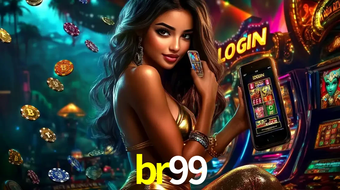 Mulher em um cenário de cassino temático de aventura, mostrando o app de caça-níqueis da br99 no celular. Fichas de apostas flutuam ao redor.