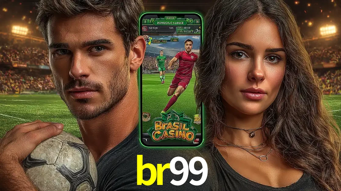 Homem segurando uma bola de futebol e uma mulher ao lado de um smartphone exibindo o jogo de apostas esportivas da br99. Faça seu palpite no cassino online.